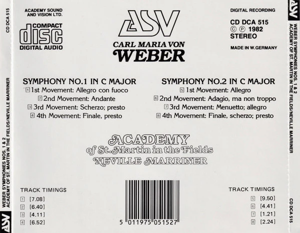 Carl Maria von Weber - The Academy Of St. Martin-in-the-Fields, Sir Neville Marriner - Symphonies Nos: 1 & 2 (CD, RE) (Very Good (VG)) - Image 2