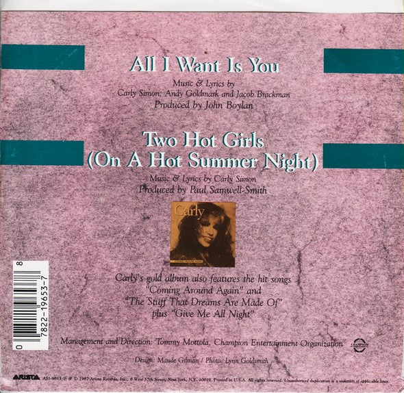 Carly Simon - All I Want Is You (7", Single, Styrene) (Near Mint (NM or M-)) - Image 2