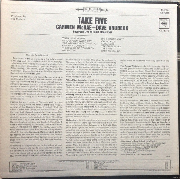 Carmen McRae - Dave Brubeck - Take Five (Recorded Live At Basin Street East) (LP, Album) (Very Good (VG)) - Image 2