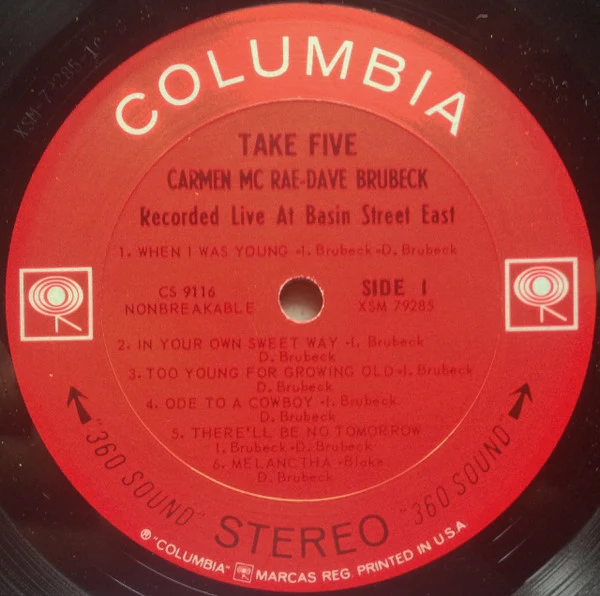 Carmen McRae - Dave Brubeck - Take Five (Recorded Live At Basin Street East) (LP, Album) (Very Good (VG)) - Image 3