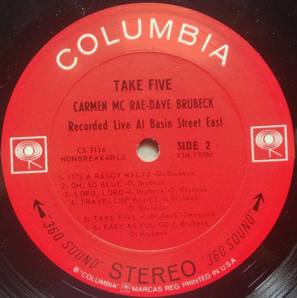 Carmen McRae - Dave Brubeck - Take Five (Recorded Live At Basin Street East) (LP, Album) (Very Good (VG)) - Image 4