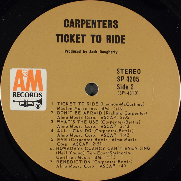 Carpenters - Ticket To Ride (LP, Album, Pit) (Very Good Plus (VG+)) - Image 4