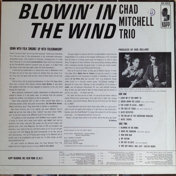 The Chad Mitchell Trio - Blowin' In The Wind (LP, Album, All) (Very Good Plus (VG+)) - Image 2