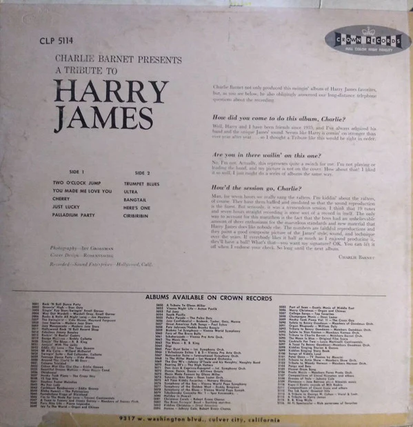 Charlie Barnet - A Tribute To Harry James (LP, Album, Mono) (Very Good Plus (VG+)) - Image 2