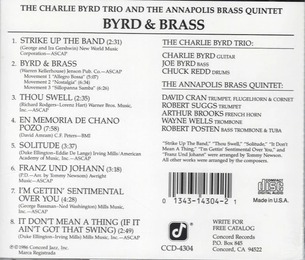 Charlie Byrd Trio And The Annapolis Brass Quintet - Byrd & Brass (CD, Album, RP) (Near Mint (NM or M-)) - Image 2