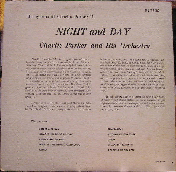 Charlie Parker And His Orchestra - Night And Day (LP, Comp, Mono, RE, Tru) (Very Good (VG)) - Image 2