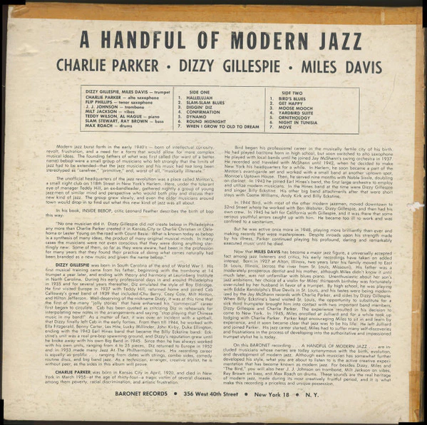 Charlie Parker • Dizzy Gillespie • Miles Davis - A Handful Of Modern Jazz (LP, Comp, RE) (Very Good Plus (VG+)) - Image 2