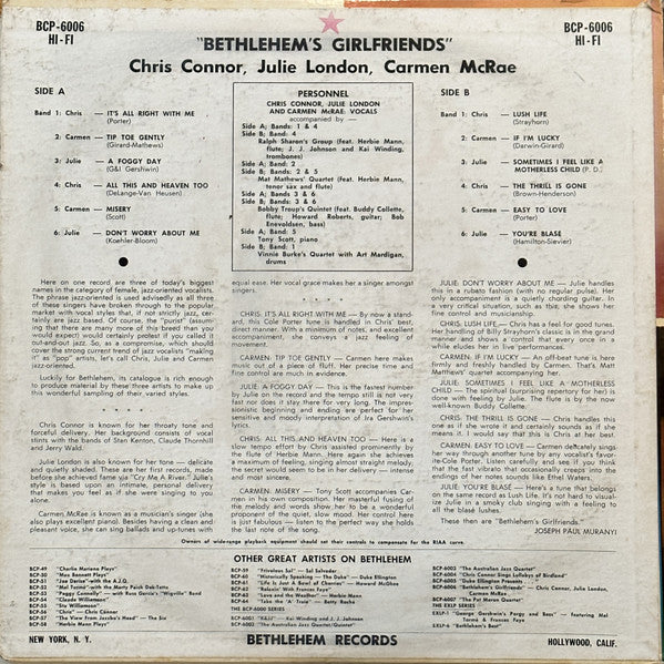 Chris Connor, Julie London, Carmen McRae - Bethlehem's Girl Friends (LP, Comp, RP) (Very Good Plus (VG+)) - Image 2