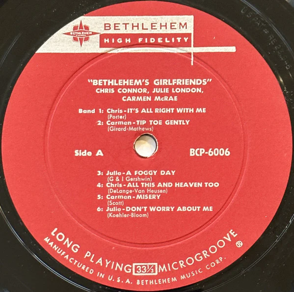 Chris Connor, Julie London, Carmen McRae - Bethlehem's Girl Friends (LP, Comp, RP) (Very Good Plus (VG+)) - Image 3