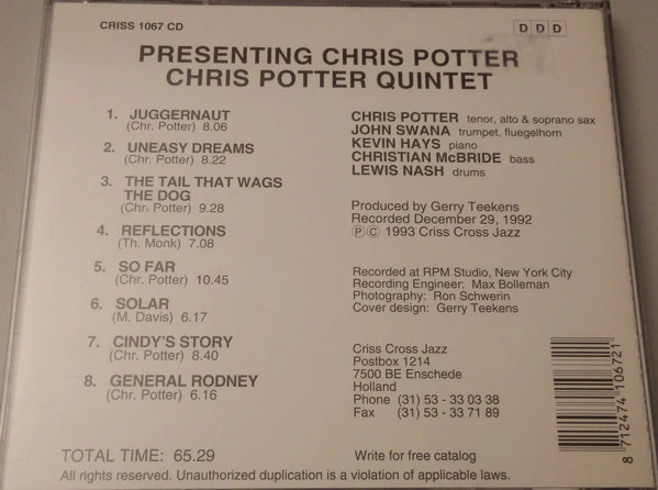 Chris Potter Quintet - Presenting Chris Potter (CD, Album) (Near Mint (NM or M-)) - Image 2
