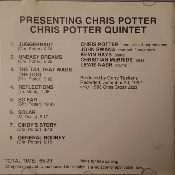 Chris Potter Quintet - Presenting Chris Potter (CD, Album) (Near Mint (NM or M-)) - Image 4