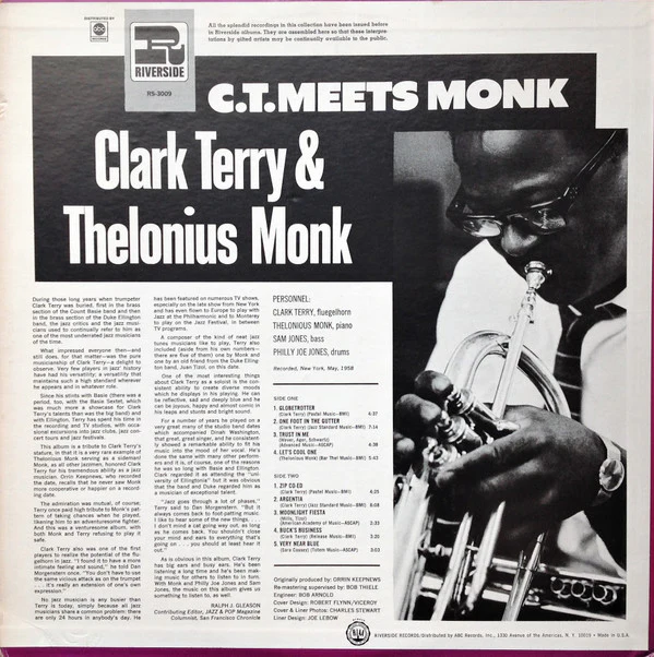 Clark Terry And Thelonious Monk - C.T. Meets Monk (LP, Album, RE, RM) (Very Good Plus (VG+)) - Image 2
