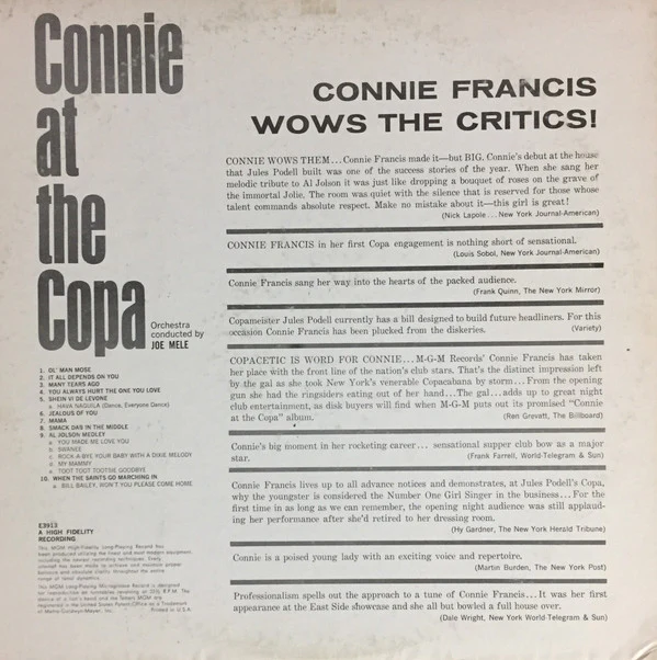 Connie Francis - At The Copa (LP, Mono) (Very Good (VG)) - Image 2
