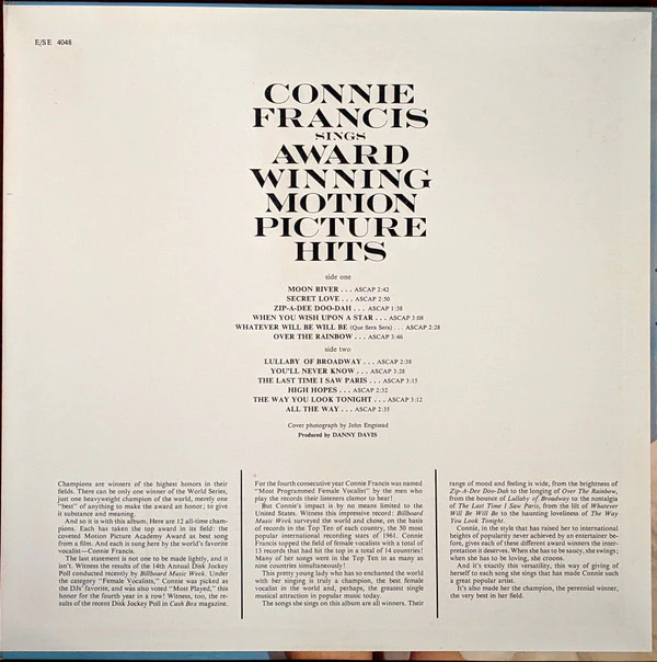 Connie Francis - Sings Award Winning Motion Picture Hits (LP, Album, Mono, MGM) (Very Good Plus (VG+)) - Image 2