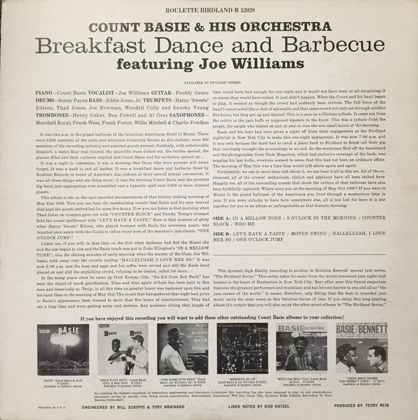 Count Basie Orchestra Featuring Joe Williams - Breakfast Dance And Barbecue (LP, Album, Mono) (Very Good (VG)) - Image 2