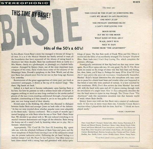 Count Basie - This Time By Basie - Hits Of The 50's & 60's! (LP, Album) (Very Good Plus (VG+)) - Image 2