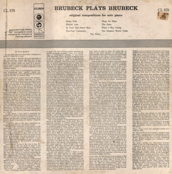 Dave Brubeck - Brubeck Plays Brubeck (LP, Album, Mono) (Near Mint (NM or M-)) - Image 2