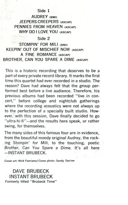 Dave Brubeck - Instant Brubeck (LP, Album, RE) (Near Mint (NM or M-)) - Image 5