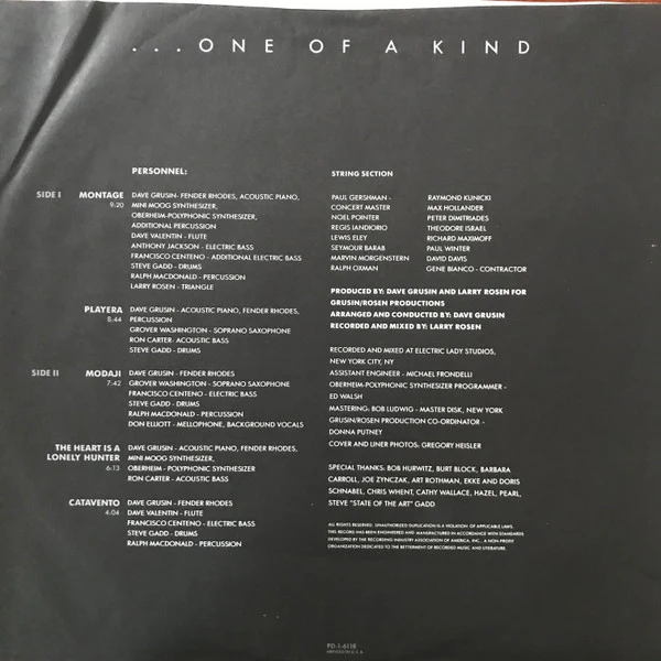 Dave Grusin - One Of A Kind (LP, Album, Pit) (Very Good Plus (VG+)) - Image 5