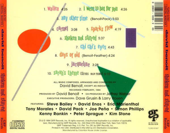 David Benoit - Shaken Not Stirred (CD, Album, Club) (Near Mint (NM or M-)) - Image 2