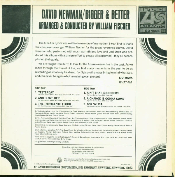 David Newman* - Bigger & Better (LP, Album) (Near Mint (NM or M-)) - Image 2
