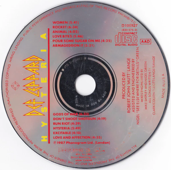 Def Leppard - Hysteria (CD, Album, Club) (Very Good Plus (VG+)) - Image 3