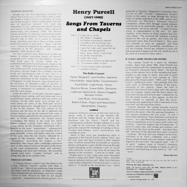 Deller Consort Directed By Alfred Deller - Henry Purcell: Songs From Taverns And Chapels (LP, RE) (Very Good Plus (VG+)) - Image 2