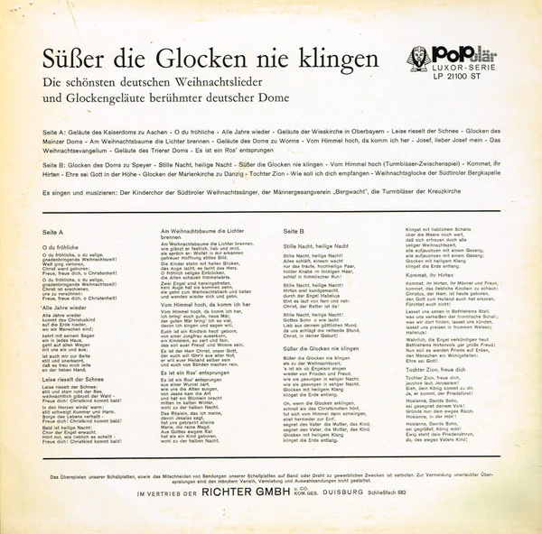 Der Kinderchor Der Südtiroler Weihnachtssänger, Männergesangsverein "Bergwacht", Die Turmbläser Der Kreuzkirche - Süßer Die Glocken Nie Klingen - Die Schönsten Deutschen Weihnachtslieder Und Glockengeläute Berühmter Deutscher Dome (LP) (Very Good - Image 2
