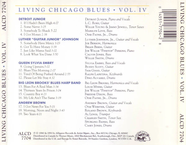 Detroit Junior / Luther "Guitar Junior" Johnson / Queen Sylvia Embry, Big Leon Brooks' Blues Harp Band, Andrew Brown - Living Chicago Blues - Volume Number 4 (CD, Comp) (Near Mint (NM or M-)) - Image 2