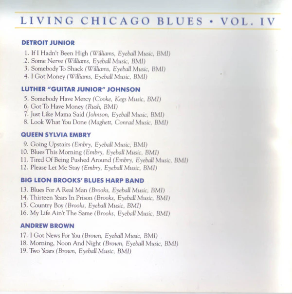 Detroit Junior / Luther "Guitar Junior" Johnson / Queen Sylvia Embry, Big Leon Brooks' Blues Harp Band, Andrew Brown - Living Chicago Blues - Volume Number 4 (CD, Comp) (Near Mint (NM or M-)) - Image 4
