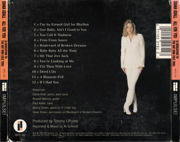 Diana Krall - All For You (A Dedication To The Nat King Cole Trio) (CD, Album, Dig) (Very Good Plus (VG+)) - Image 2