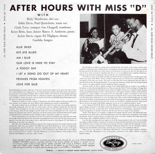 Dinah Washington - After Hours With Miss "D" (LP, Album, Mono, RP) (Very Good (VG)) - Image 2