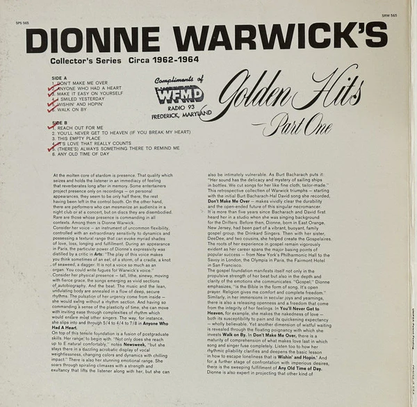 Dionne Warwick - Dionne Warwick's Golden Hits - Part One (LP, Comp, RP, Gat) (Very Good Plus (VG+)) - Image 2