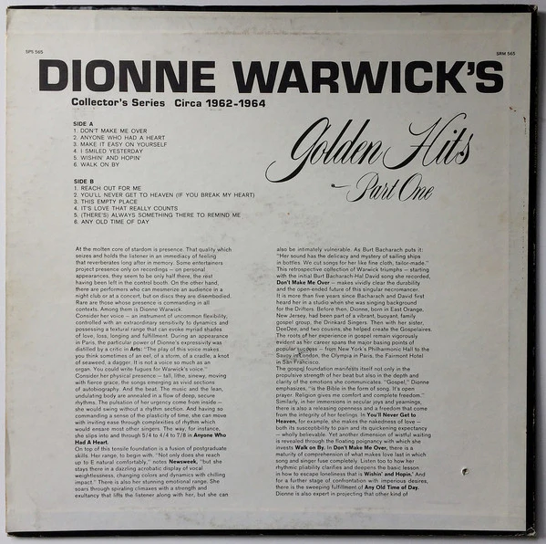 Dionne Warwick - Golden Hits - Part One (Collector's Series Circa 1962-1964) (LP, Comp, RE, Kee) (Near Mint (NM or M-)) - Image 2