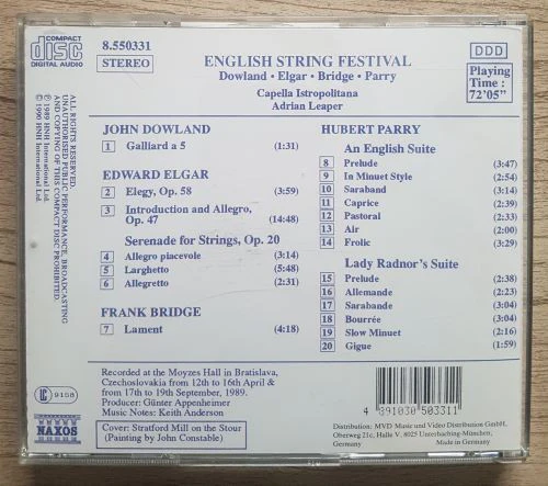 Dowland*, Elgar*, Bridge*, Parry* - English String Festival (CD, Album, Comp) (Very Good Plus (VG+)) - Image 2