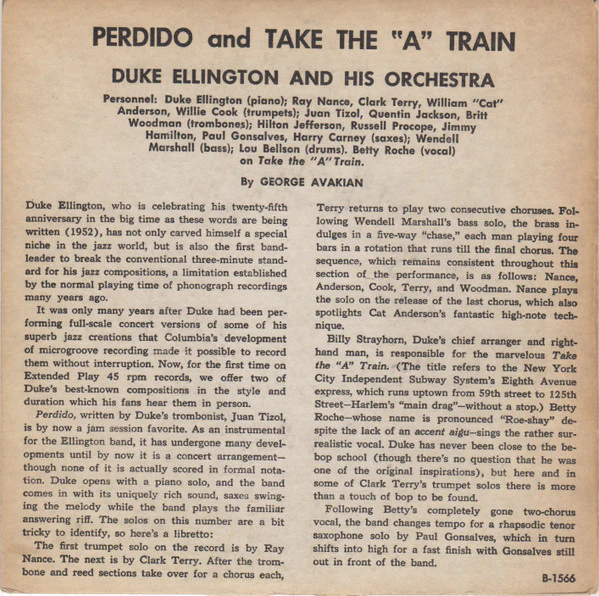 Duke Ellington And His Orchestra - Perdido / Take The "A" Train (7", EP, Styrene) (Very Good Plus (VG+)) - Image 2