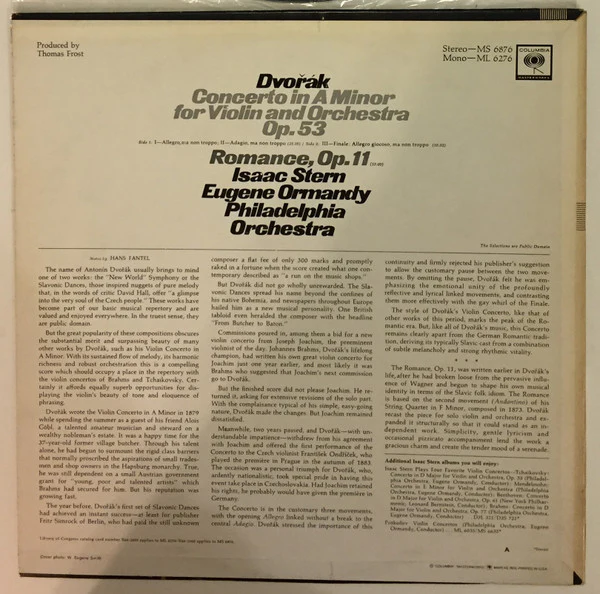 Antonín Dvořák - Isaac Stern, Eugene Ormandy, The Philadelphia Orchestra - Violin Concerto / Romance For Violin And Orchestra (LP, Album) (Near Mint (NM or M-)) - Image 2