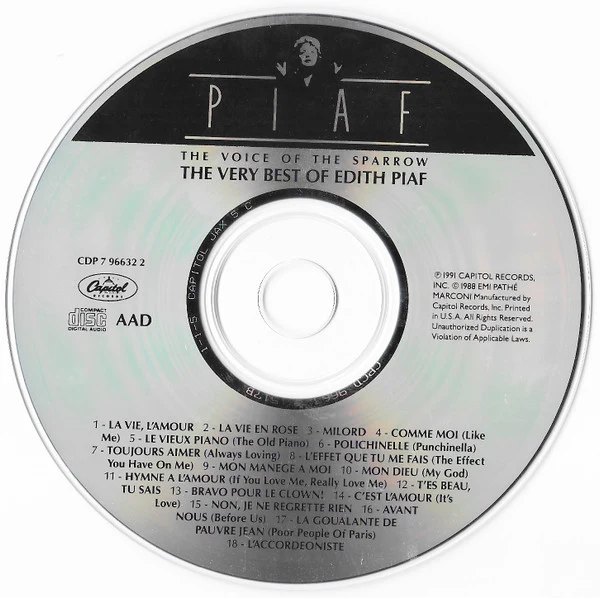 Edith Piaf - The Voice Of The Sparrow: The Very Best Of Edith Piaf (CD, Comp) (Mint (M)) - Image 3
