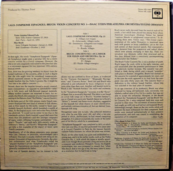 Édouard Lalo / Max Bruch - Isaac Stern, Eugene Ormandy, The Philadelphia Orchestra - Symphonie Espagnole / Violin Concerto No. 1 (LP, Album, RE) (Near Mint (NM or M-)) - Image 2