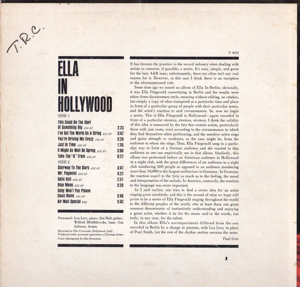 Ella Fitzgerald - Ella In Hollywood (LP, Album) (Very Good Plus (VG+)) - Image 2