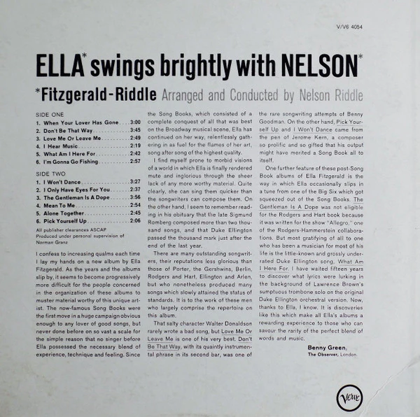Ella Fitzgerald - Nelson Riddle - Ella Swings Brightly With Nelson (LP, Album) (Very Good Plus (VG+)) - Image 2