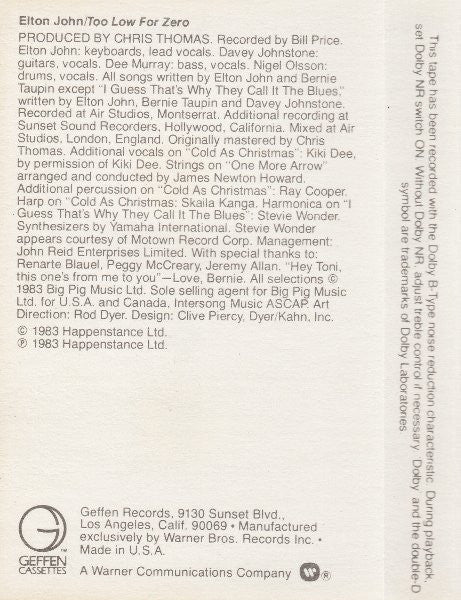 Elton John - Too Low For Zero (Cass, Album) (Very Good Plus (VG+)) - Image 4