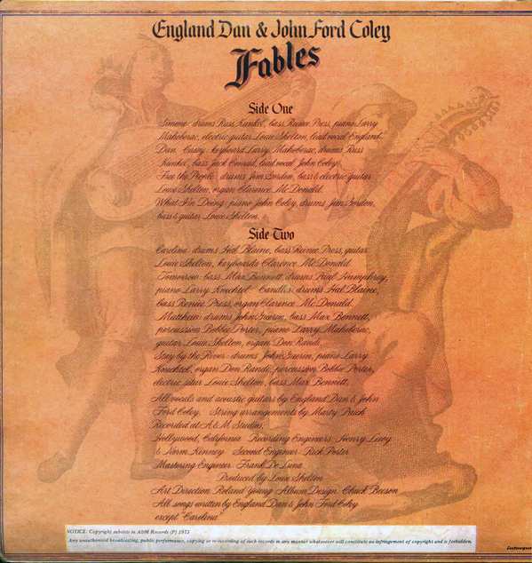 England Dan & John Ford Coley - Fables (LP, Album) (Very Good Plus (VG+)) - Image 2