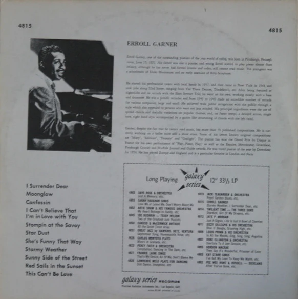 Erroll Garner - Errol Garner Plays (LP, Album, Mono) (Very Good Plus (VG+)) - Image 2