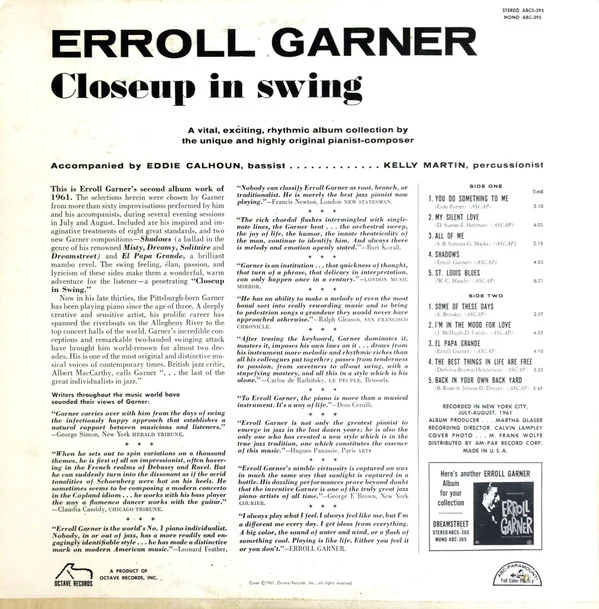Erroll Garner - Closeup In Swing (LP, Album, Mono) (Very Good Plus (VG+)) - Image 2