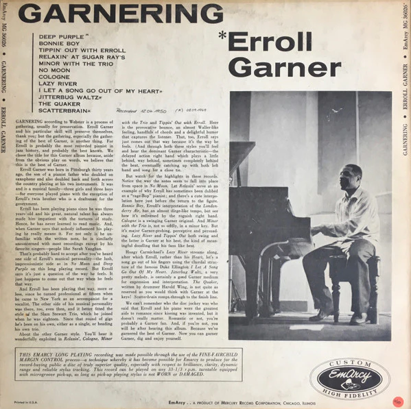 Erroll Garner - Garnering (LP, Album) (Very Good (VG)) - Image 2