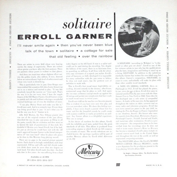 Erroll Garner - Solitaire (LP, Album, Mono, RE) (Near Mint (NM or M-)) - Image 2