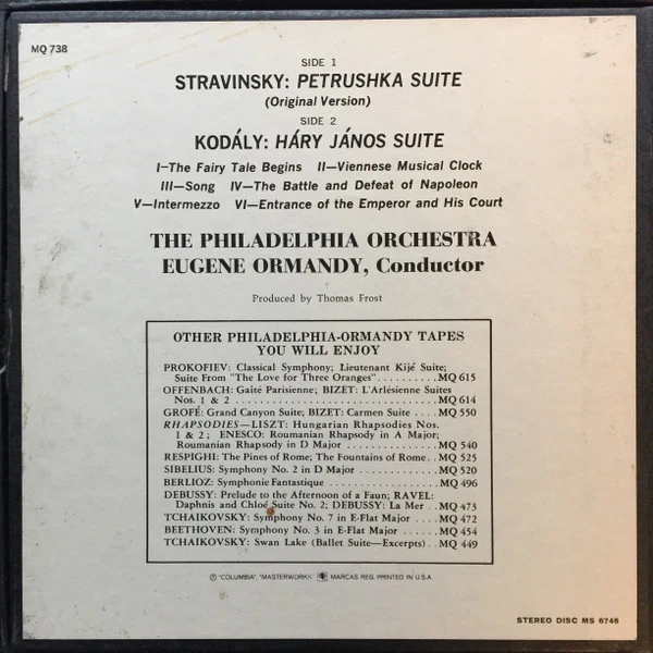Eugene Ormandy, The Philadelphia Orchestra, Kodály* / Stravinsky* - Hary János Suite / Petrushka Suite (Original Version) (Reel, 4tr Stereo, 7" Reel, Album) (Very Good Plus (VG+)) - Image 2