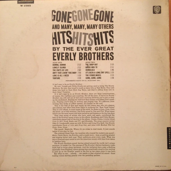 Everly Brothers - Gone, Gone, Gone (LP, Album, Mono, Pit) (Very Good (VG)) - Image 2