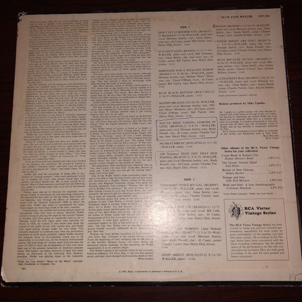 Fats Waller - '34/'35 (LP, Album, Comp, Mono) (Very Good Plus (VG+)) - Image 2